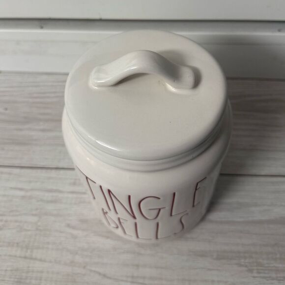 Rae Dunn MEDIUM JINGLE BELLS Lidded Canister White w/Red Letter Ceramic 8"x5" - Picture 2 of 5